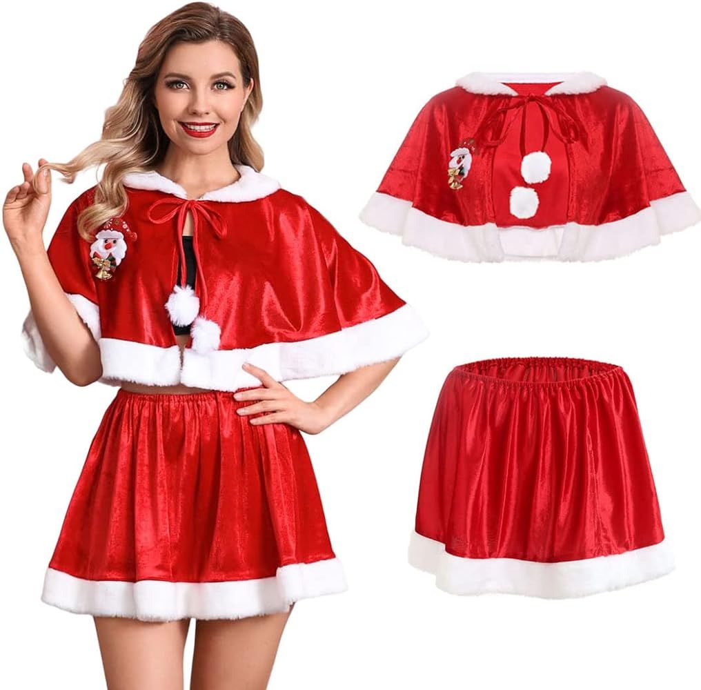 EARENT Christmas Velvet Cloak Skirt Set Red Mrs Santa Claus Shawl Cape Xmas Party Cosplay Costume... | Amazon (US)