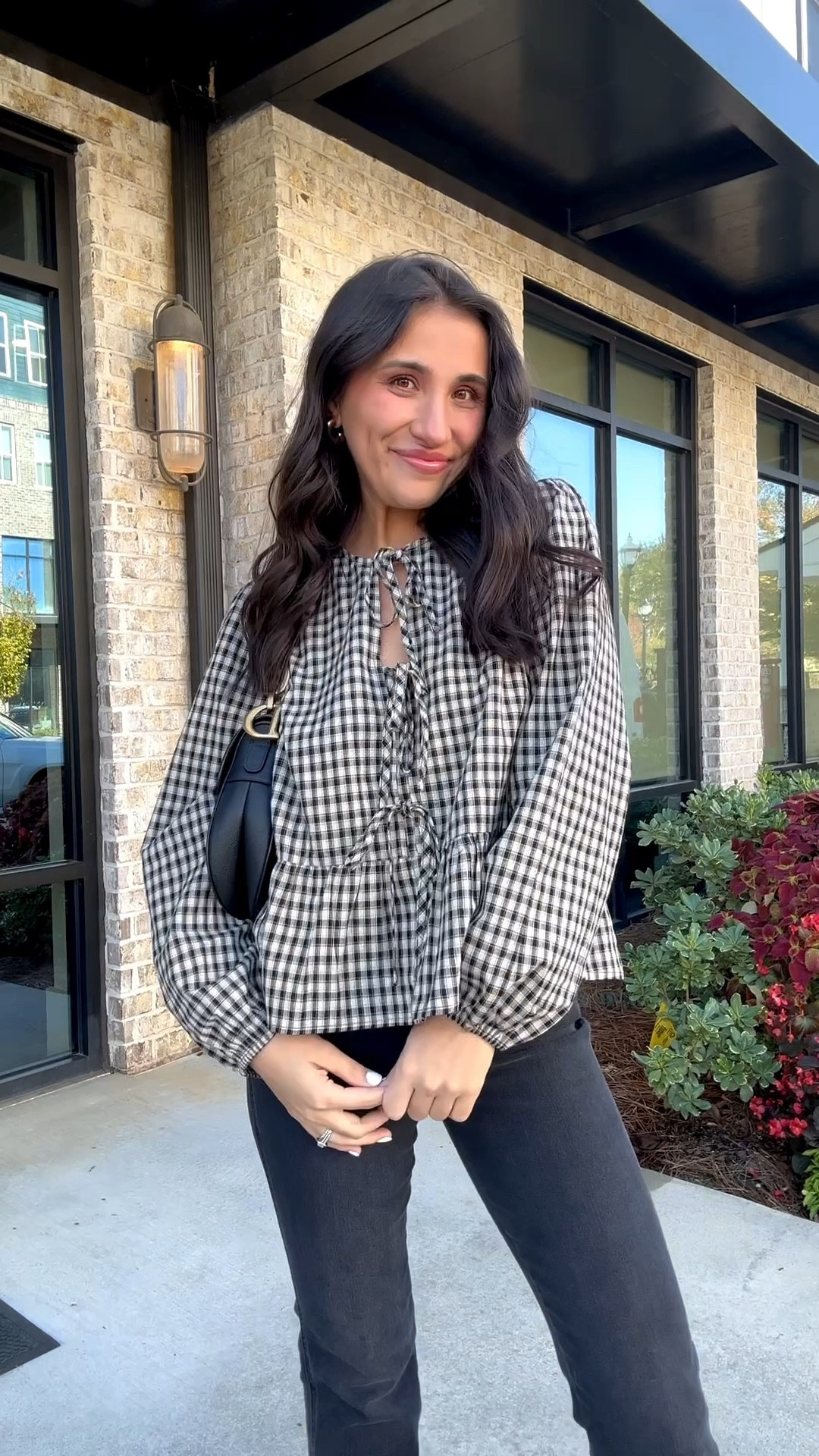 Fall fashion outfit #ootd #plaidtop #blackjeans 