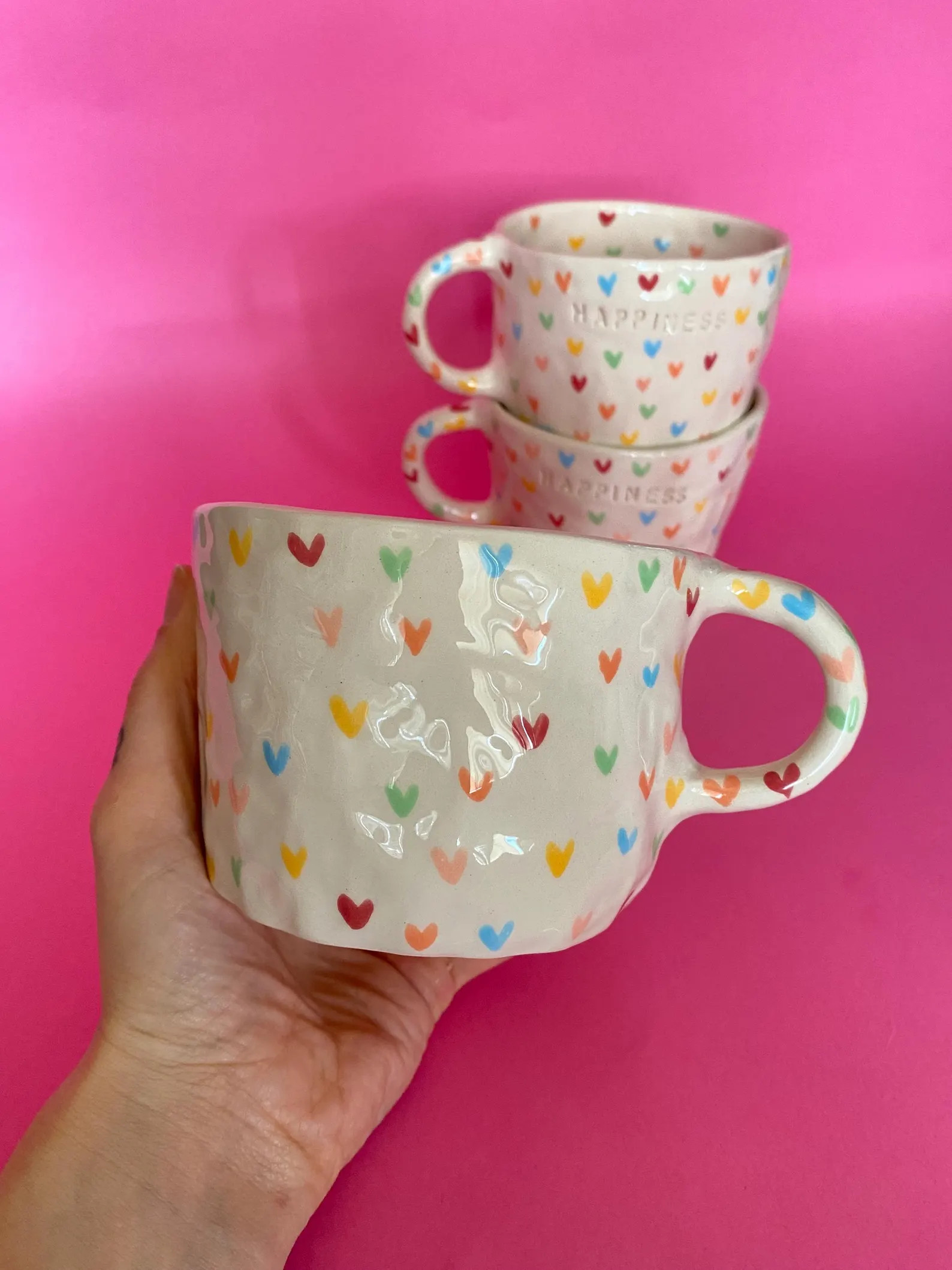 Happiness Handcrafted Whimsical Ceramic Mug, Colorful Hearts Cute Mug, Multicolor Cottagecore Mug... | Etsy (US)