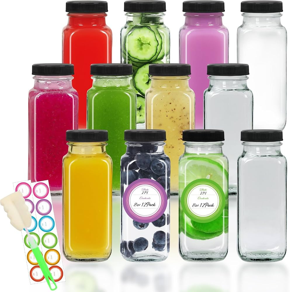 STARSIDE 8 oz Glass Juice Bottles with Lids 12 Pack - Square Reusable Drinking Jars for Juicing, ... | Amazon (US)
