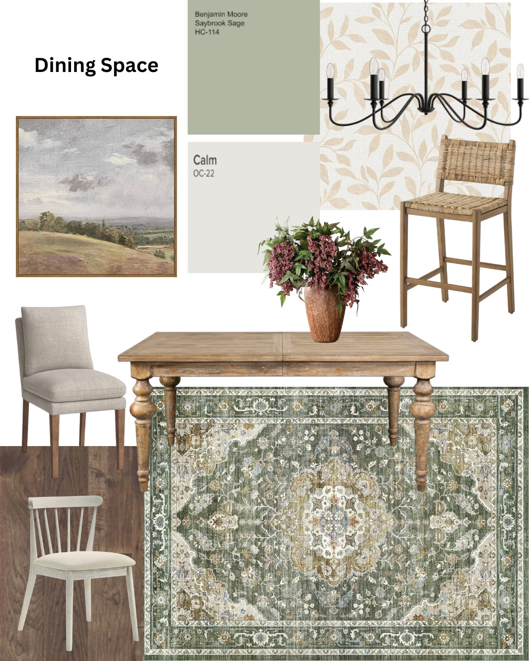 Cosy comfortable, dining areas that are earthy and neutral with a splash of sage!
This works because: 
These colours will bring any dark floor and white kitchen to life. 
Warming the walls with wallpaper and wood tones. Textures are key, always. 
Plenty of texture here. 

Benjamin Moore: Saybrook sage, Calm. 

#designcoach #designertips #dinette #diningroom #designerdetails #invitinginteriors #diningtable #harvesttable #wallpaper #arearugs #greenrooms #greenrugs #sage #sagepaint #art #upholstery #amazonmusthaves #amazonhome #wayfairhome #wayfairdeals @worldmarket @wayfair #diningchairs #countryhome #modernfarmhouse #tabletop 
 

 #LTKcanada #LTKhome #LTKfamily