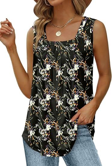Saloogoe Summer Tank Tops for Women Loose Fit Pleated Square Neck Sleeveless Tops Curved Hem Flow... | Amazon (US)