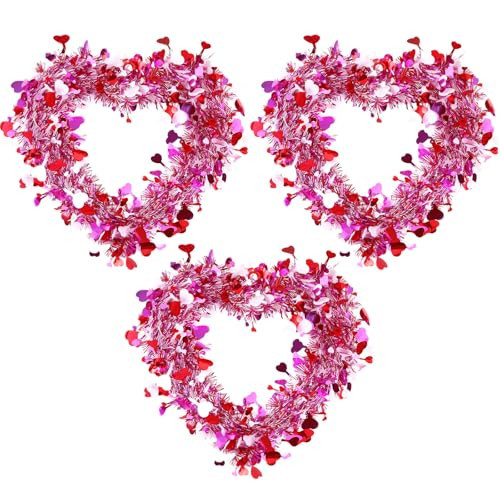 Chuangdi 3 Pcs Valentine Heart Wreaths for Front Door, 14 Inch Valentines Day Decorations with Heart Tinsel Foil Love Hanging Gift for Anniversary Wedding Party Wall Window Mantel Decor (Pink) | Amazon (US)