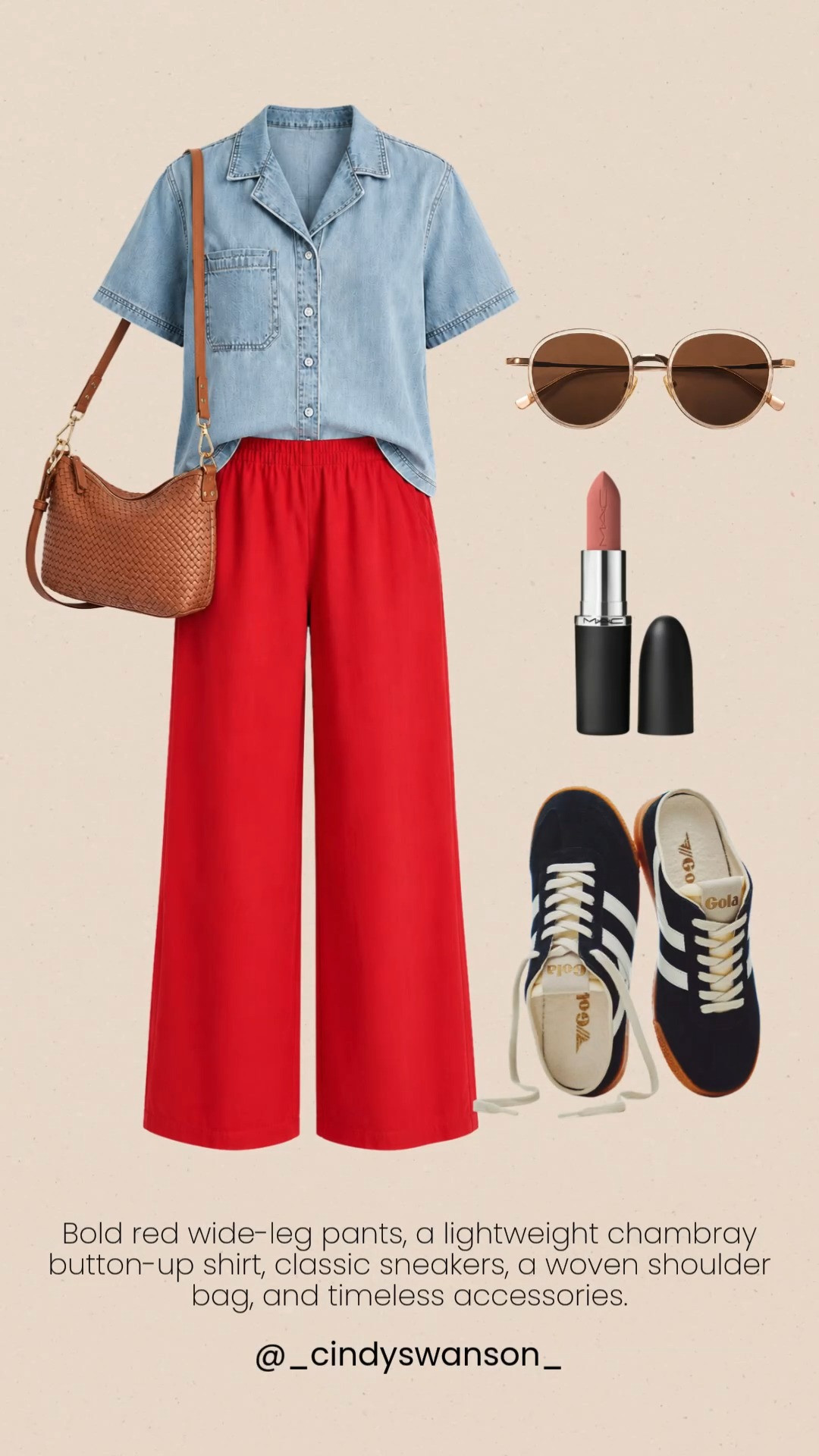This outfit is such a fun way to wear bold color! The vibrant red wide-leg pants make a statement, while the chambray button-up keeps the look relaxed and effortless. Finished with classic sneakers and neutral accessories, it's the perfect outfit for travel, weekend errands, or casual lunches.

💡 LTK MADE EASY
❤️ Heart = Support my posts!
🔖 Save = Get sale & restock alerts
📋 Lists = Keep favorites organized
📲 Share = Send lists and products to a friend. Hello, Christmas List!
💬 Comment = Ask me anything about these finds. :-) 

 #LTKootd #LTKSeasonal #LTKOver40