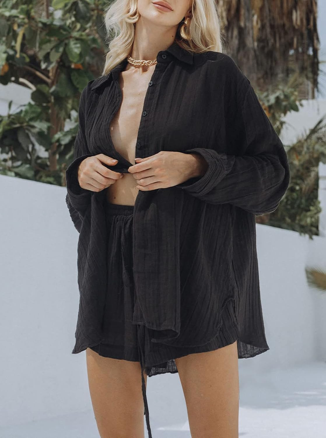 Fixmatti Women 2 Piece Outfits Long Sleeve Button Down Blouse and Shorts Sweatsuit Sets | Amazon (US)