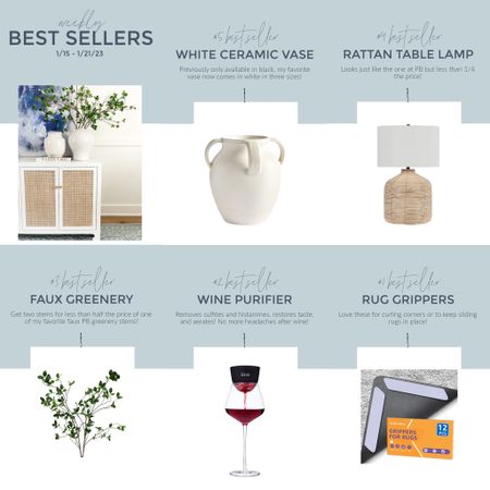 This week’s bestsellers include my favorite ceramic vase now available in a white finish, a designer look for less rattan lamp, affordable faux greenery, a wine filter that removes sulfites (and headaches!), and rug grippers that will help keep your rug in place!
.
#ltkhome #ltksalealert #ltkstyletip #ltkunder50 #ltkunder100 #ltkseasonal

#LTKSeasonal #LTKunder50 #LTKhome