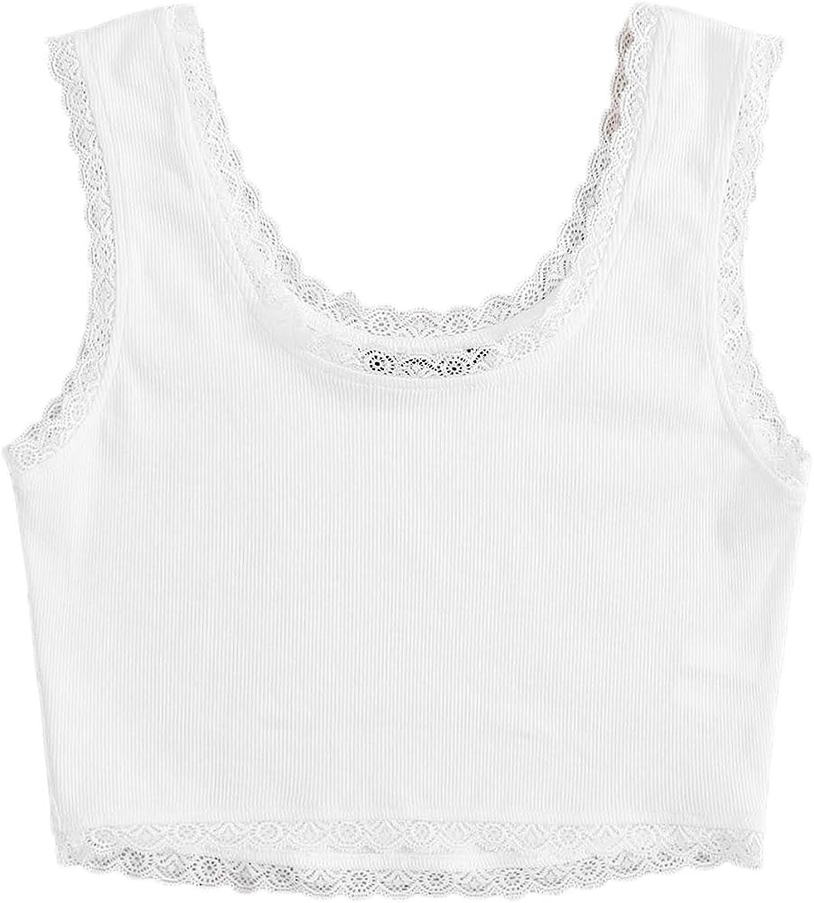 Verdusa Women's Scoop Neck Sleeveless Contrast Lace Solid Ribbed Tank Crop Top | Amazon (US)