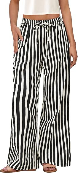 PRETTYGARDEN Women's Wide Leg Lounge Pants 2025 Summer Drawstring Elastic Waist Comfy Striped Paj... | Amazon (US)