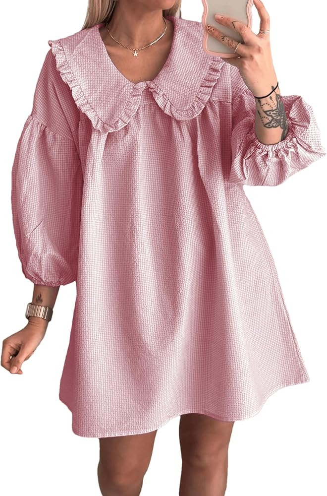 Ynhonra 2025 Women's Babydoll 3/4 Puff Sleeve Plaid Mini Dress Lapel Doll Collar Loose Y2k Dress | Amazon (US)