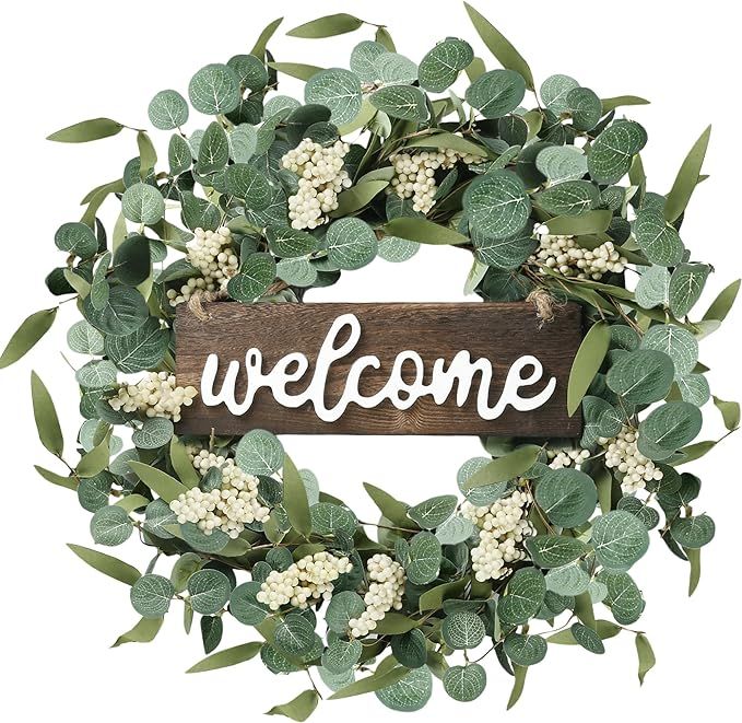 Sggvecsy Green Artificial Eucalyptus Wreath with Welcome Sign 20in Spring Summer Wreath with Whit... | Amazon (US)