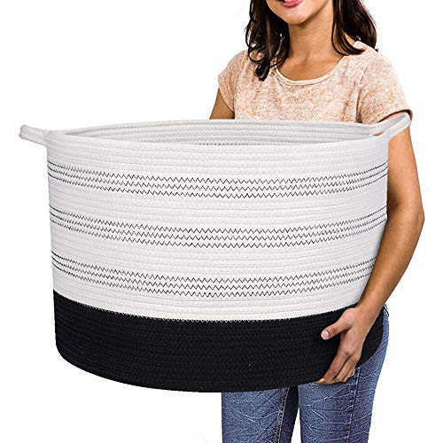 R RUNKA XXXLarge Cotton Rope Basket 22" X 22"X 14" Blanket Basket for Living Room Woven Basket Soft Baby Laundry Blanket Basket Nursery Bin Toy Basket with Handle White+Black | Amazon (US)