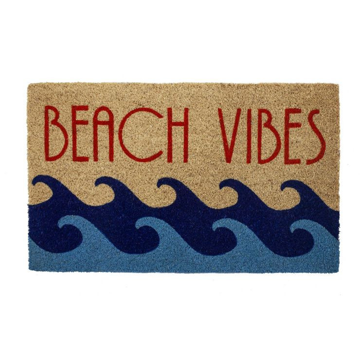 1'4" x 2'4" Beach Vibes Waves Indoor/Outdoor Coir Doormat Blue/Coral - Entryways | Target