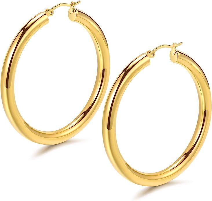 Hoop Earrings 18K Gold Plated 925 Sterling Silver Post 5MM Thick Tube Hoops for Women And Girls ... | Amazon (US)