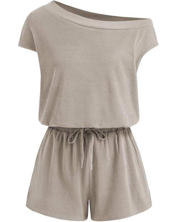 CIDER Rompers for Women One Shoulder Drawstring Short Sleeve Asymmetrical Romper Casual Knit Jump... | Amazon (US)