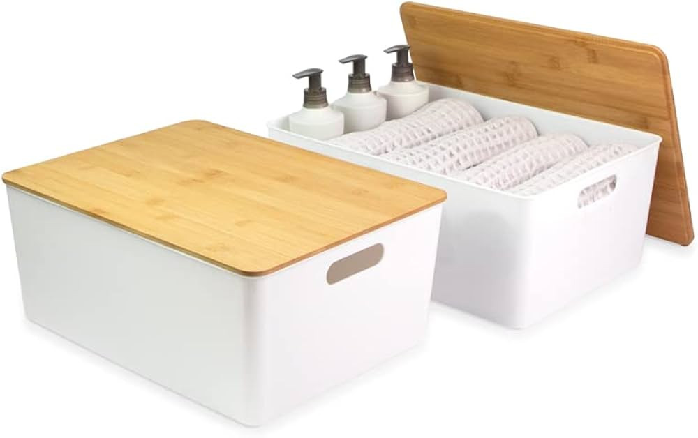 Isaac Jacobs 2-Pack XL White Storage Bin Set w/Cut-Out Handles and Bamboo Lid, Plastic Organizers... | Amazon (US)