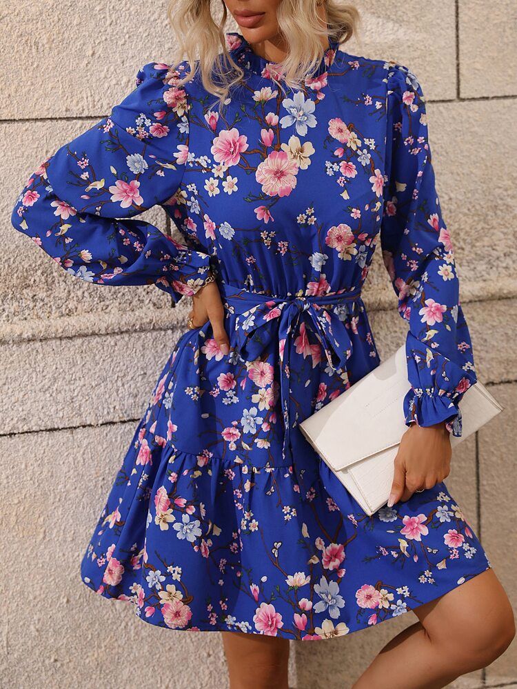 Floral Print Flounce Sleeve Belted Dress | SHEIN