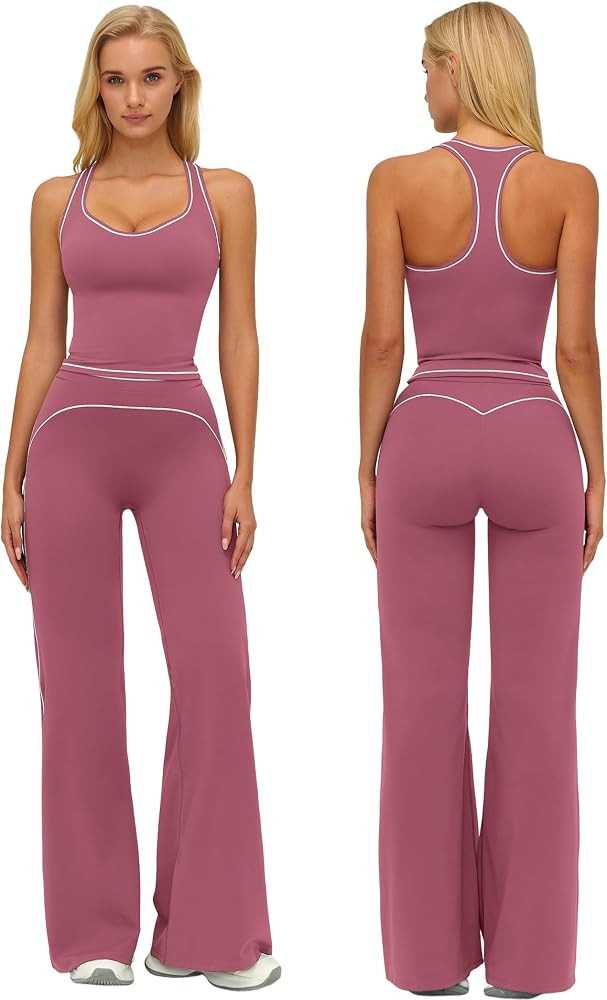 ABOCIW Two Piece Workout Sets for Women Racerback Tank Top Matching High Waist Wide Leg Yoga Pant... | Amazon (US)