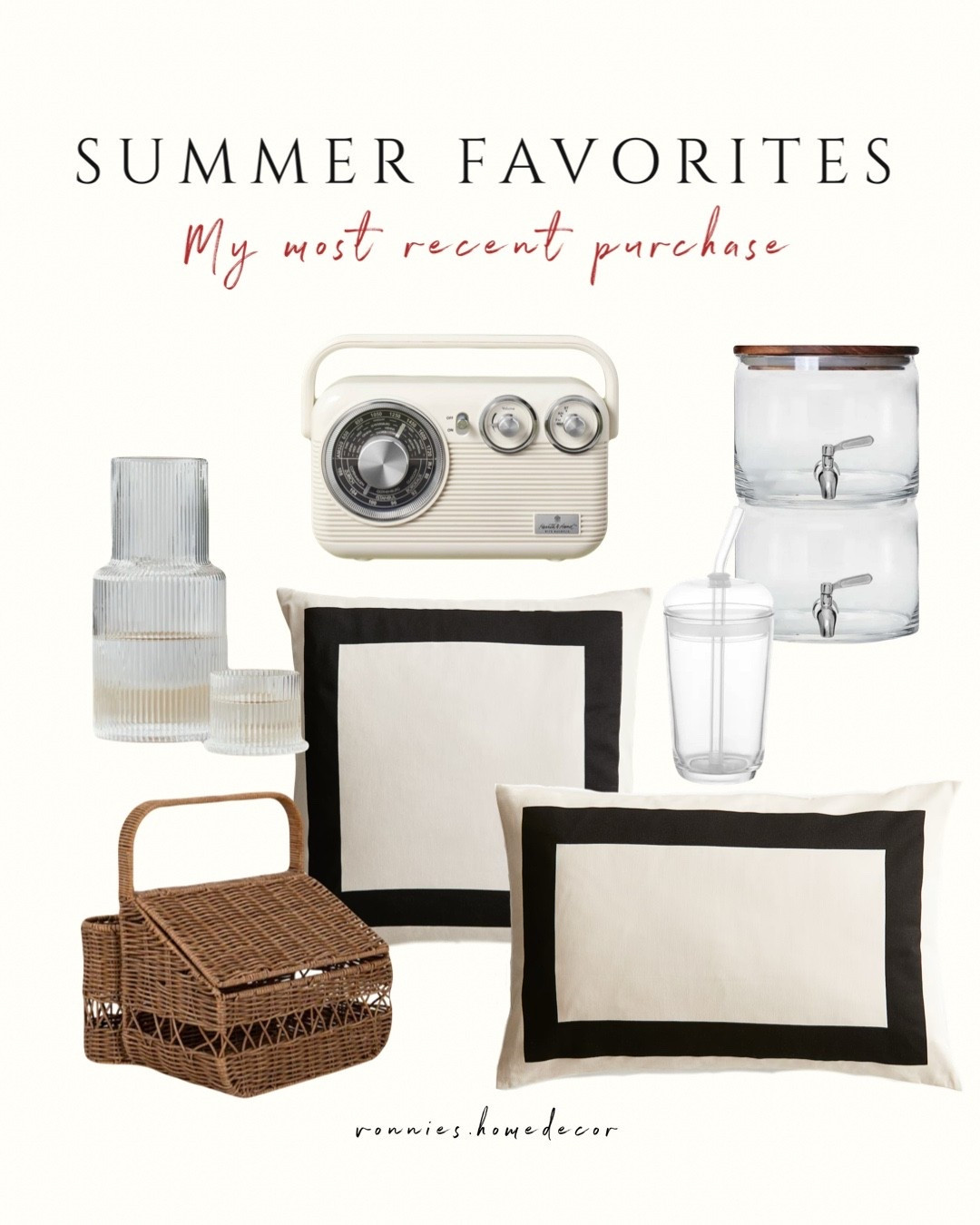 My most recent purchases. Pillow covers, retro radio, drink dispenser, picnic basket, glass carafe, glass tumbler. 

#LTKSummerEdit #LTKHome #LTKSeasonal
