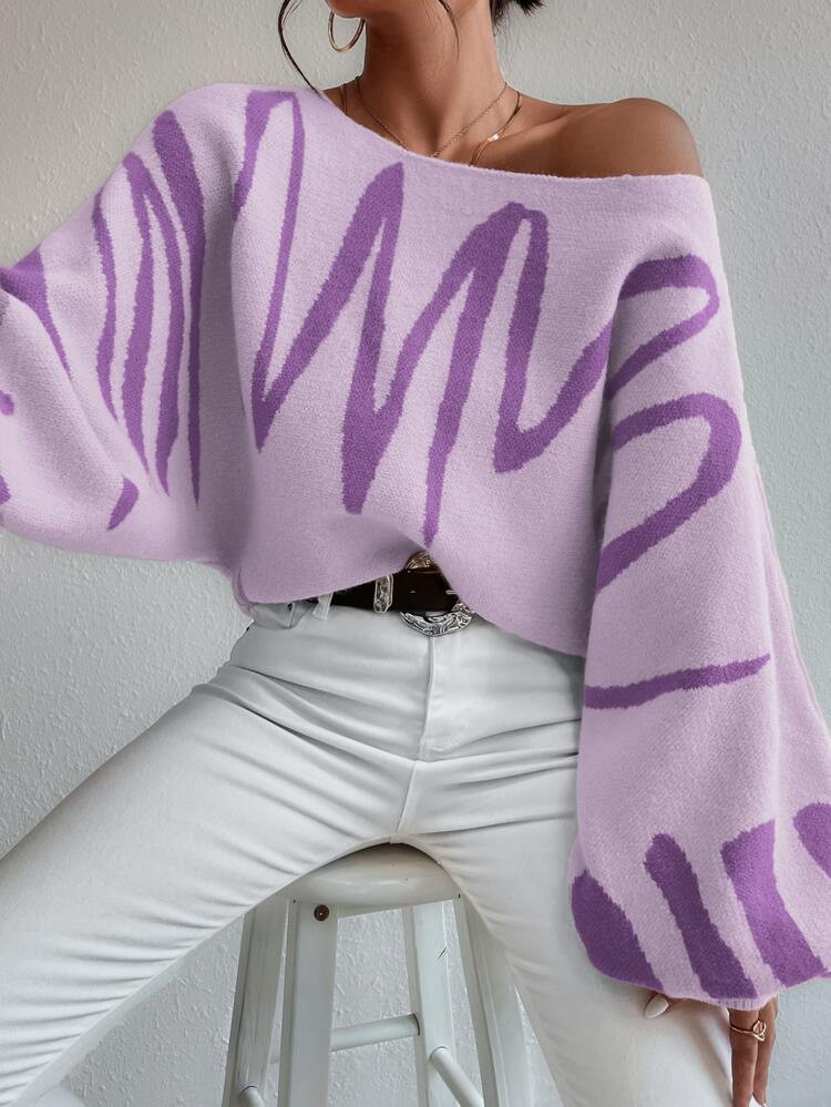 Graphic Pattern Lantern Sleeve Sweater | SHEIN