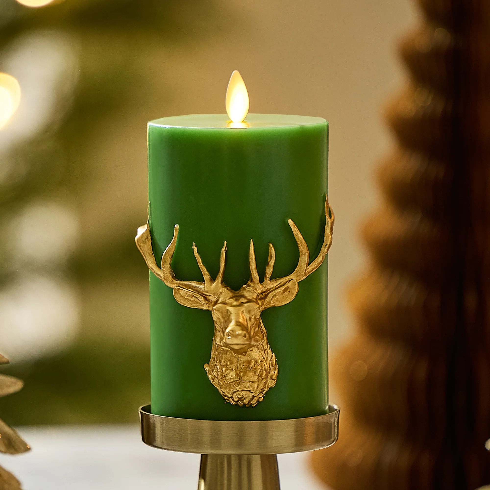 Holiday Green Reindeer Flameless Candle Pillar | Luminara