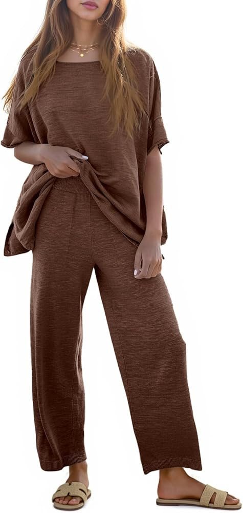 Tankaneo Women's 2 Piece Travel Outfits Casual Short Sleeve Knit Sweater Set Wide Leg Pants Loung... | Amazon (US)