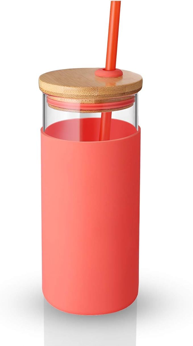 Tronco 20oz Glass Tumbler Straw Silicone Protective Sleeve Bamboo Lid - BPA Free (Living Coral) | Amazon (US)