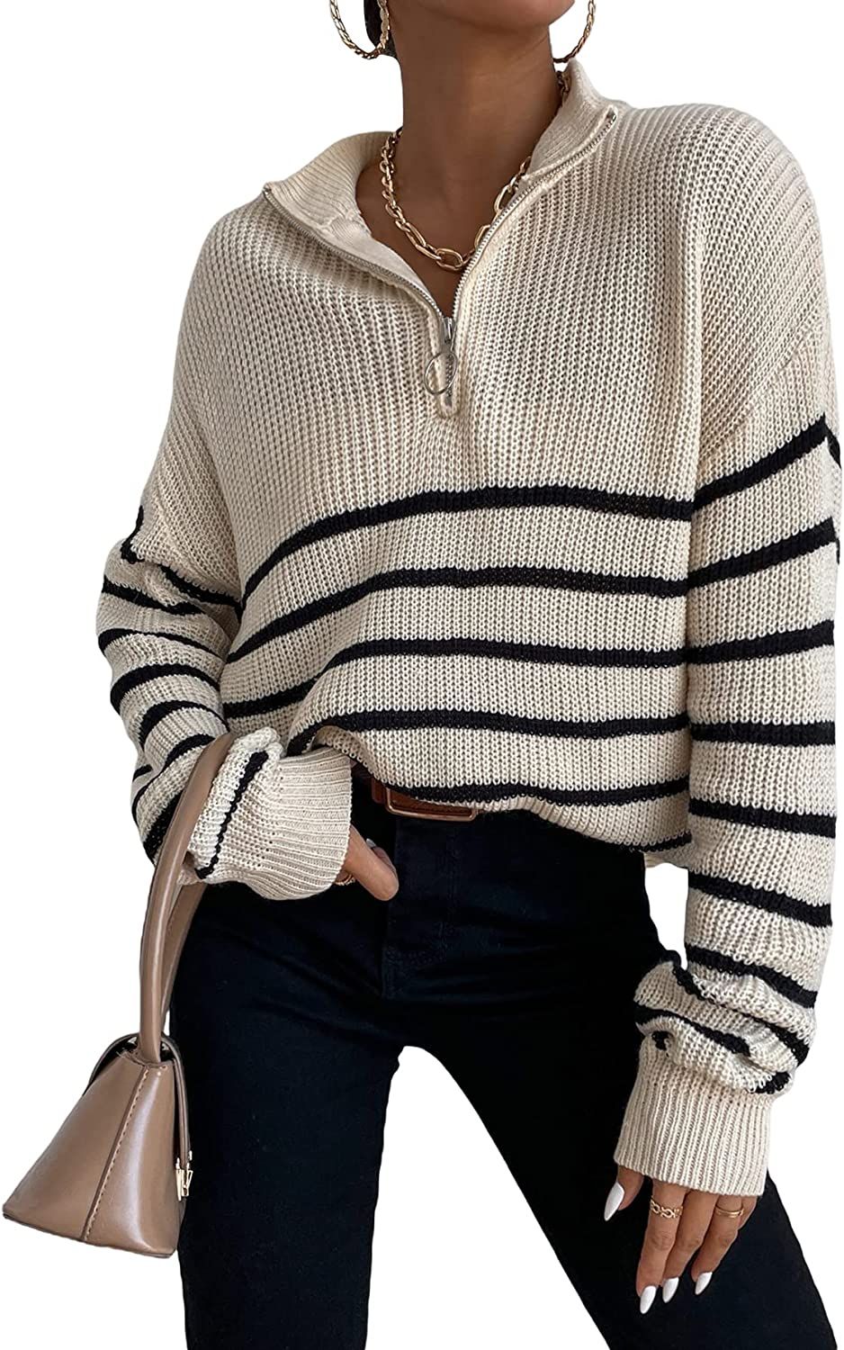 MakeMeChic Women's Casual Striped Half Zip Up Drop Shoulder Long Sleeve Sweater Pullover Top | Amazon (US)