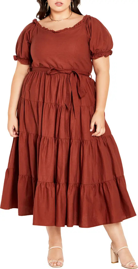 Puff Sleeve Tie Belt Midi Dress | Nordstrom