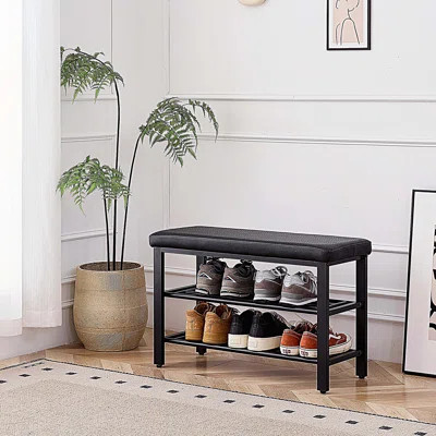 Small Shoe Bench, 3-Tier Shoe Rack, Shoe Storage Bench with PU Seat Cushion, Entryway Shoe Rack Bench with Metal Mesh Shelves, Freestanding Shoe Organ | Wayfair North America