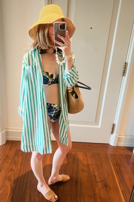 Floral bikini peony
Green striped shirt dress cover up
Raffia bucket hat Jenni Kayne

Resort outfit inspo
Beachwear
Vacation outfit

#LTKSwim #LTKStyleTip #LTKShoeCrush