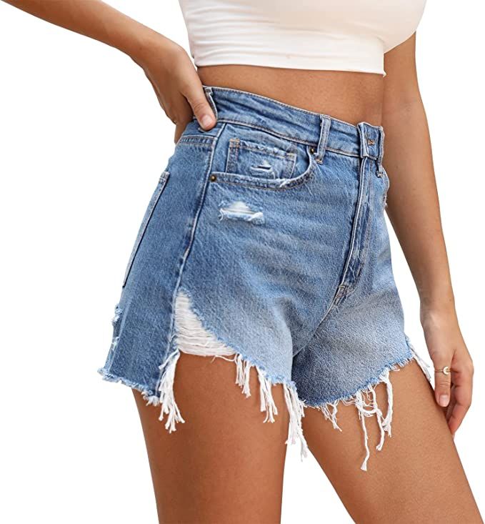 OFLUCK Women's High-Waisted Jeans Shorts Frayed Raw Hem Ripped Summer Denim Shorts | Amazon (US)