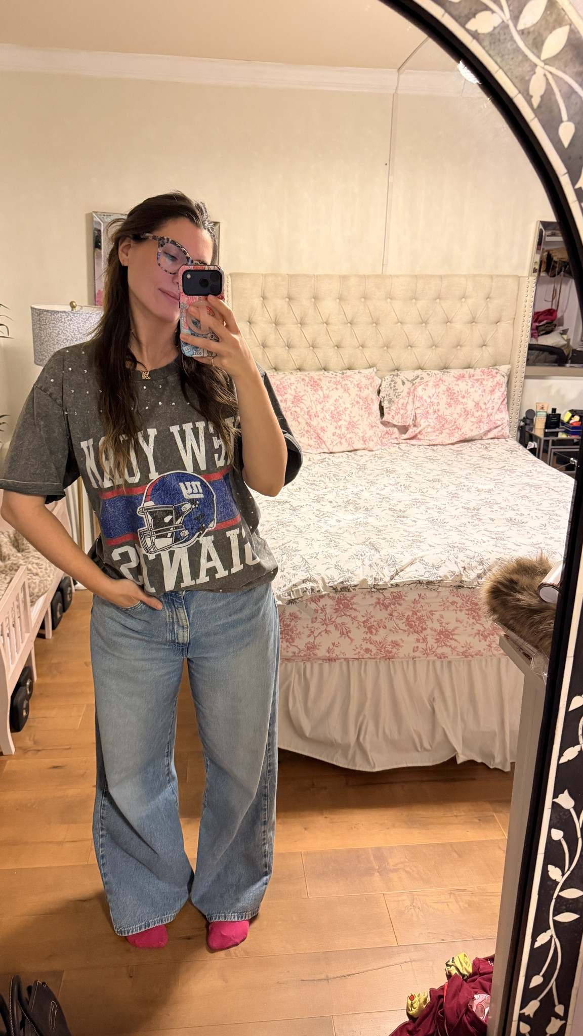 Casual mom outfit ootd. My sparkle sporty graphic tee paired with the cinch waist Levi’s (my #1 Jean) and fun socks. Also linking my headboard since I always get asked. 

Mom outfit, casual outfit, bedroom, bed 

#LTKHome #LTKmomlife #LTKootd