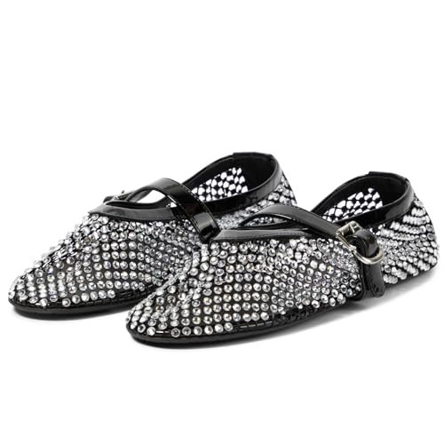 DOEYG Sparkly Rhinestone Mesh Ballet Flats for Women Glitter Mesh Flats Embellished Fishnet Ballerina Flats Shoes Buckle Strap Round Toe Comfortable Dress Mary Jane Flats Shoes Black | Amazon (US)