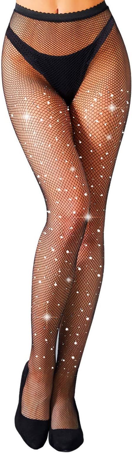 MengPa Women's Fishnets Sparkly Tights High Waist Rhinestone Stockings Sexy Party Pantyhose | Amazon (US)