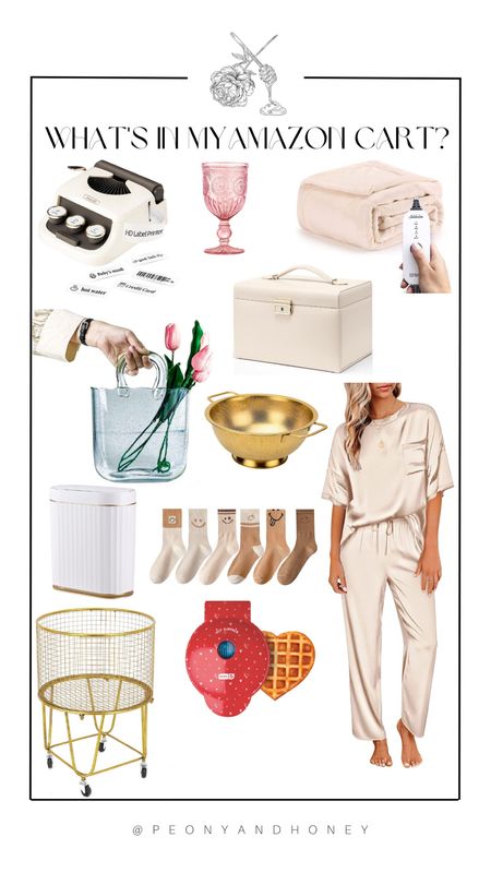Check out what’s in my shopping cart from Amazon!  #valentinesday #pajamas #loungewear #glasswear #storage #organization #laundryroom #labelmaker #vase #jewelrystorage #wafflemaker #kitchen #homedecor 