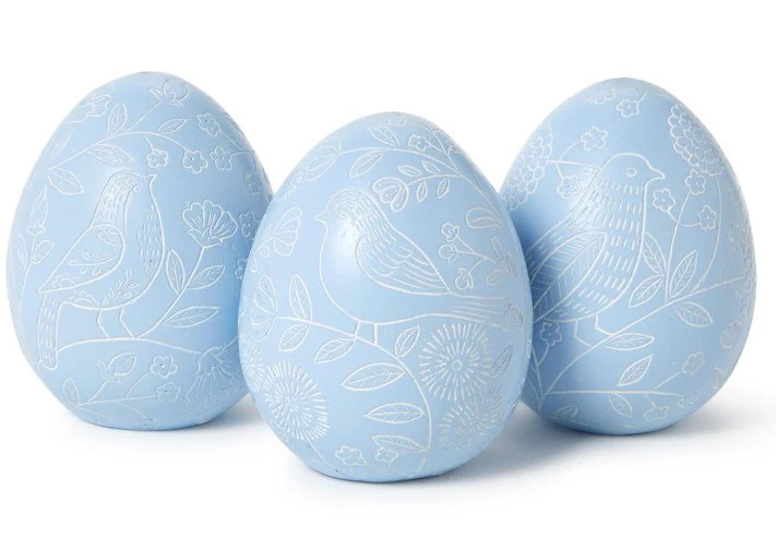 Blue Egg with Hand-Carved Bird Scene Decor, Set of 3 | Over The Moon