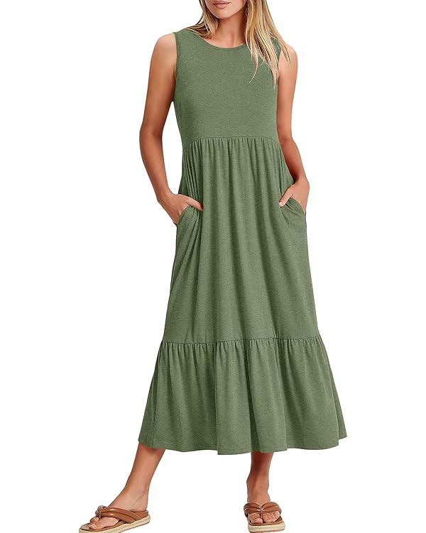 ANRABESS Women's Summer Casual Sleeveless Crewneck Swing Sundress Fit & Flare Flowy Tiered Maxi D... | Amazon (US)