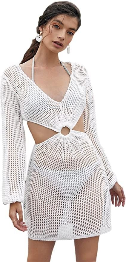 MakeMeChic Women's Crochet Cover Up Long Sleeve Knitted Swim Beach Cover Up Dress, Swimwear Season | Amazon (US)