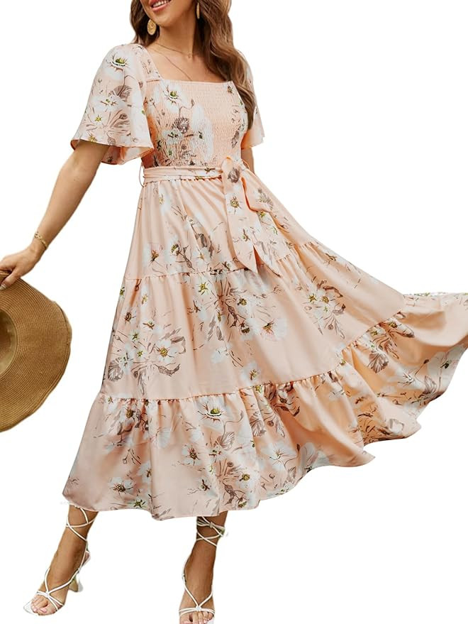 Amegoya Women's Boho Flowy Long Sleeve Square Neck Floral Midi Dress Smocked Spring Fall Wedding ... | Amazon (US)