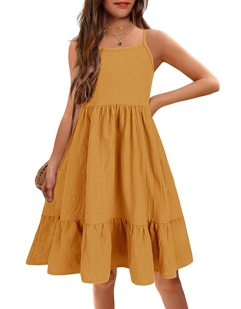Arshiner Girl's Summer Sundress Spaghetti Strap Solid Linen Midi Dress Casual Cami Dresses | Amazon (US)