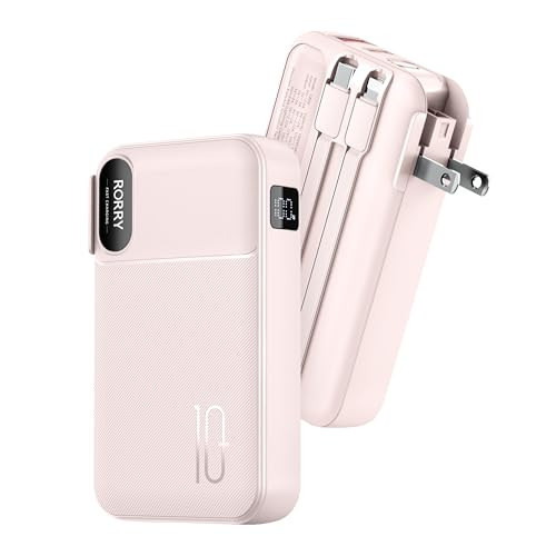 RORRY Portable Charger Built in Cables, AC Wall Plug in Portable Charger Power Bank 10000mAh Travel Battery Pack 22.5W Fast Charging for iPhone 17/16/15 Samsung Galaxy S24/S23/S22 Pixel LG iPad, Pink | Amazon (US)
