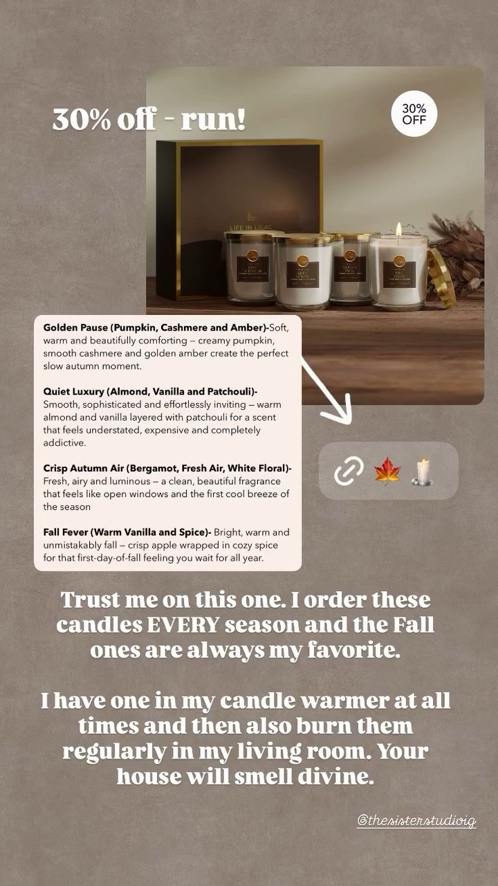 30% off - run! @thesisterstudioig  Trust me on this one. I order these candles EVERY season and the Fall ones are always my favorite.

I have one in my candle warmer at all times and then also burn them regularly in my living room. Your house will smell divine.