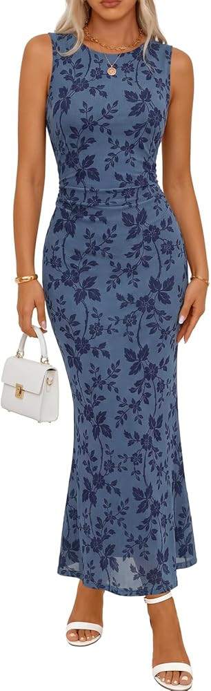 MEROKEETY Women's Summer Wedding Guest Maxi Dress 2026 Sleeveless Floral Bodycon Mesh Cocktail Fo... | Amazon (US)