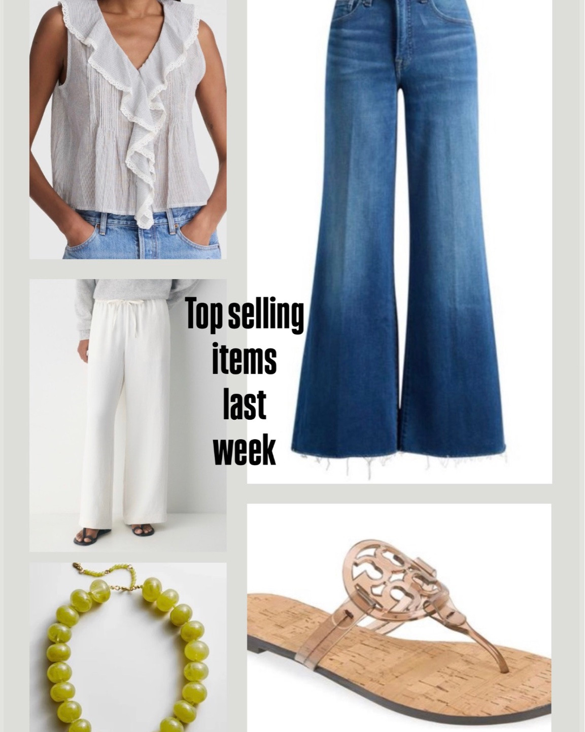 Top selling items from last week. This ruffle sleeveless top was #1. Super lightweight with a navy stripe. Also in solid white now 
Classic mid wash wide leg jeans. Super soft. 
Miller sandal in a soft brown jelly
The viral lodge pants!! 
Favorite green necklace - pair it with everything.

#LTKootd #LTKmomlife #LTKOver40