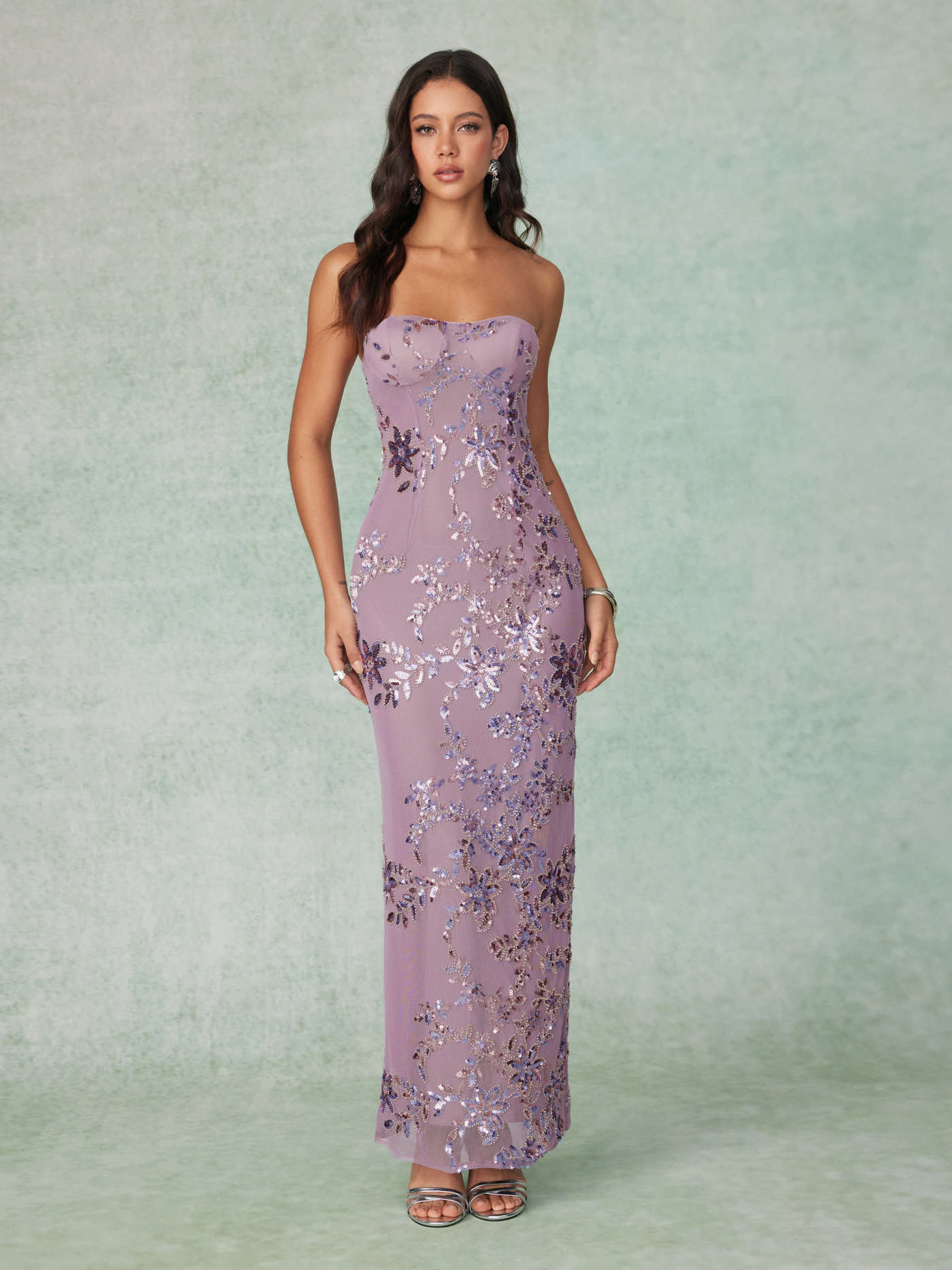Sequin Textured Floral Embroidery Sweetheart Split Straight Maxi Dress | Cider