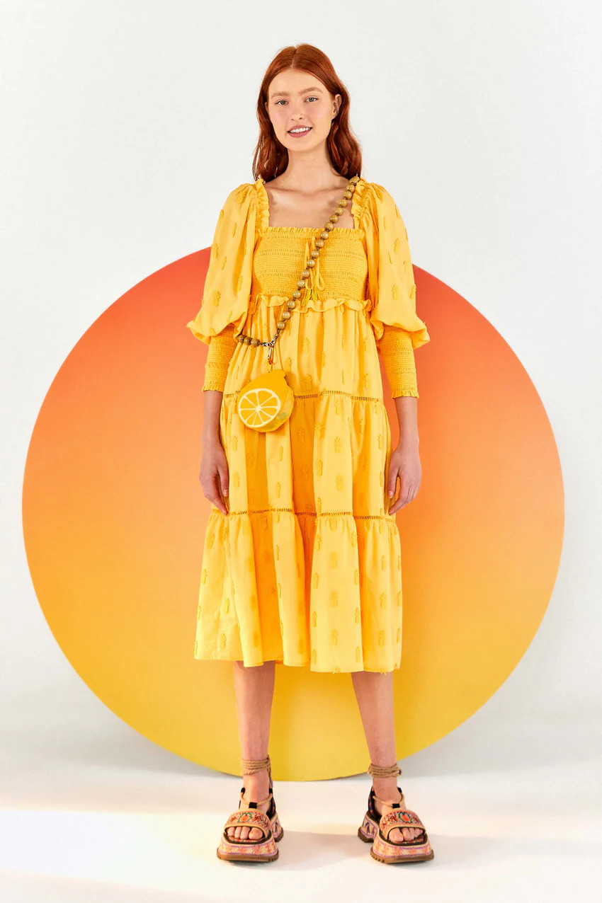 YELLOW 3D PINEAPPLE TIERED MIDI DRESS | FarmRio (US)