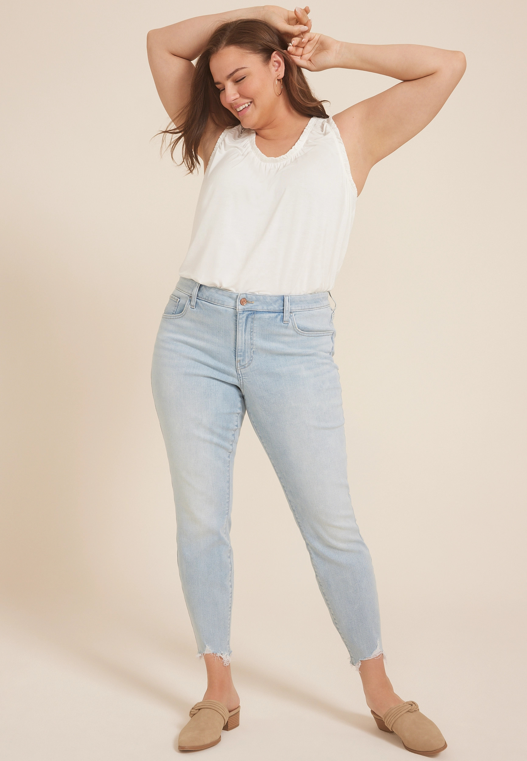 Maurices Plus Size Jeans Women's Jeans Light High Rise Ripped Hem Ankle Jegging Blue Denim Size 16W | Maurices