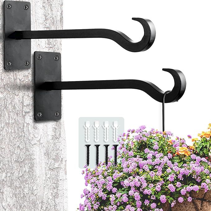 Bird Feeder Hanger: 8-Inch Wall-Mounted Plant Bracket Outdoor - 2 Pieces Black Plant Hooks for Ha... | Amazon (US)