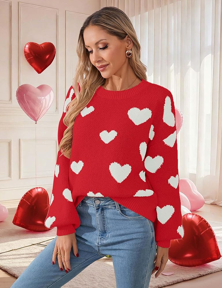 Womens Valentine Heart Sweater 2026 Valentines Day Trendy Cute Oversized Long Sleeve Pullover Swe... | Amazon (US)