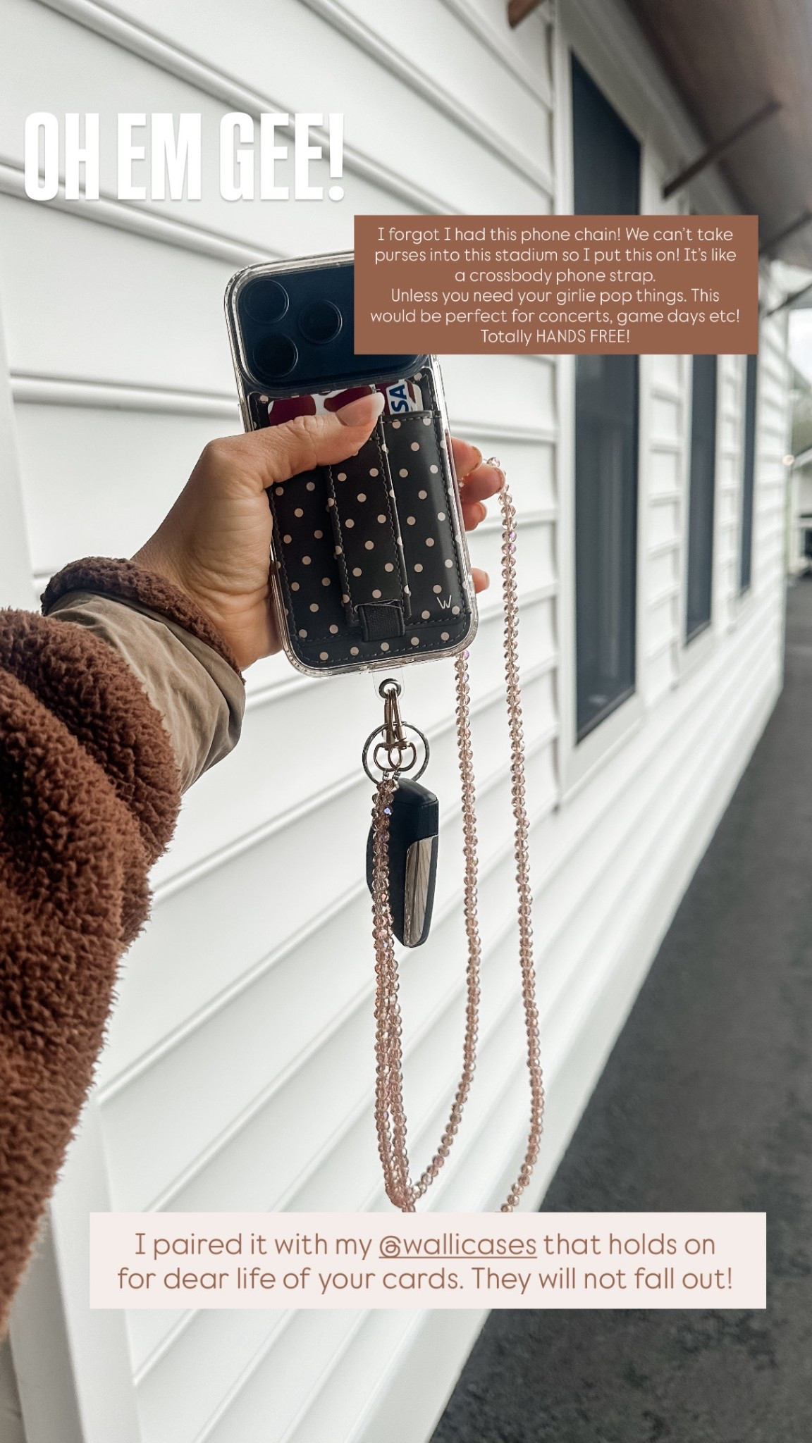 Phone cross body chain! Go totally hands free to game day, concerts, etc! I pair mine with my @wallicases so I don’t have to worry about my cards falling out! #concert #gameday #stadiumgear #handsfree 

#LTKTravel #LTKU #LTKSaleAlert